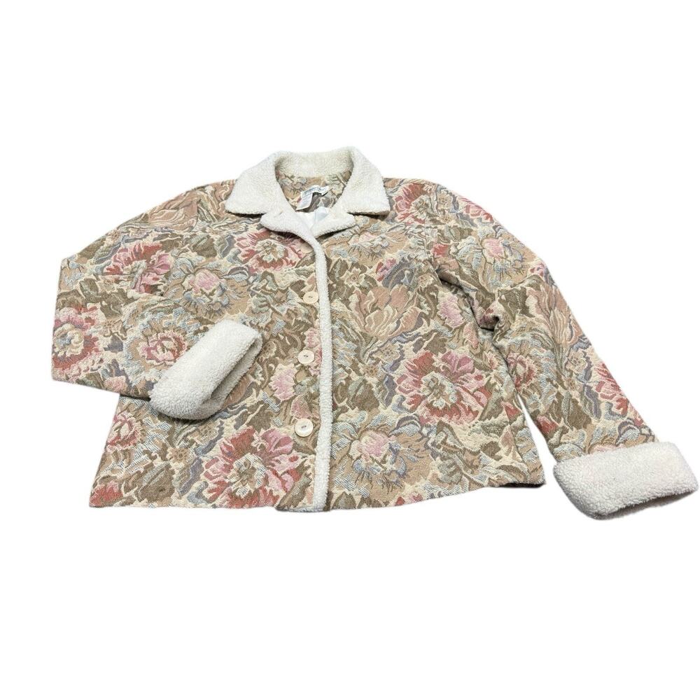 Coldwater Creek Tapestry Floral Jacket Sherpa Trim Cottagecore M - Picture 5 of 12